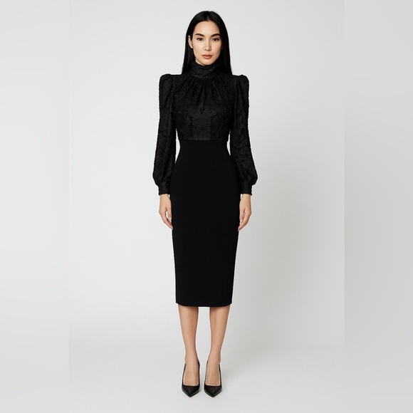 Badgley Mischka Mock Neck Midi Sheath Dress NWT Black Gold Long Sleeve Zip Sz 4 - Picture 1 of 14